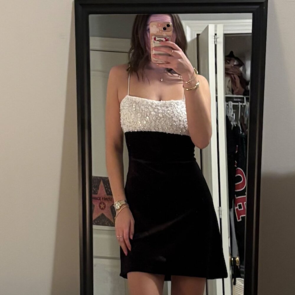 Lulus Caddison Black And White Velvet Sequin Mini Dress - Size M